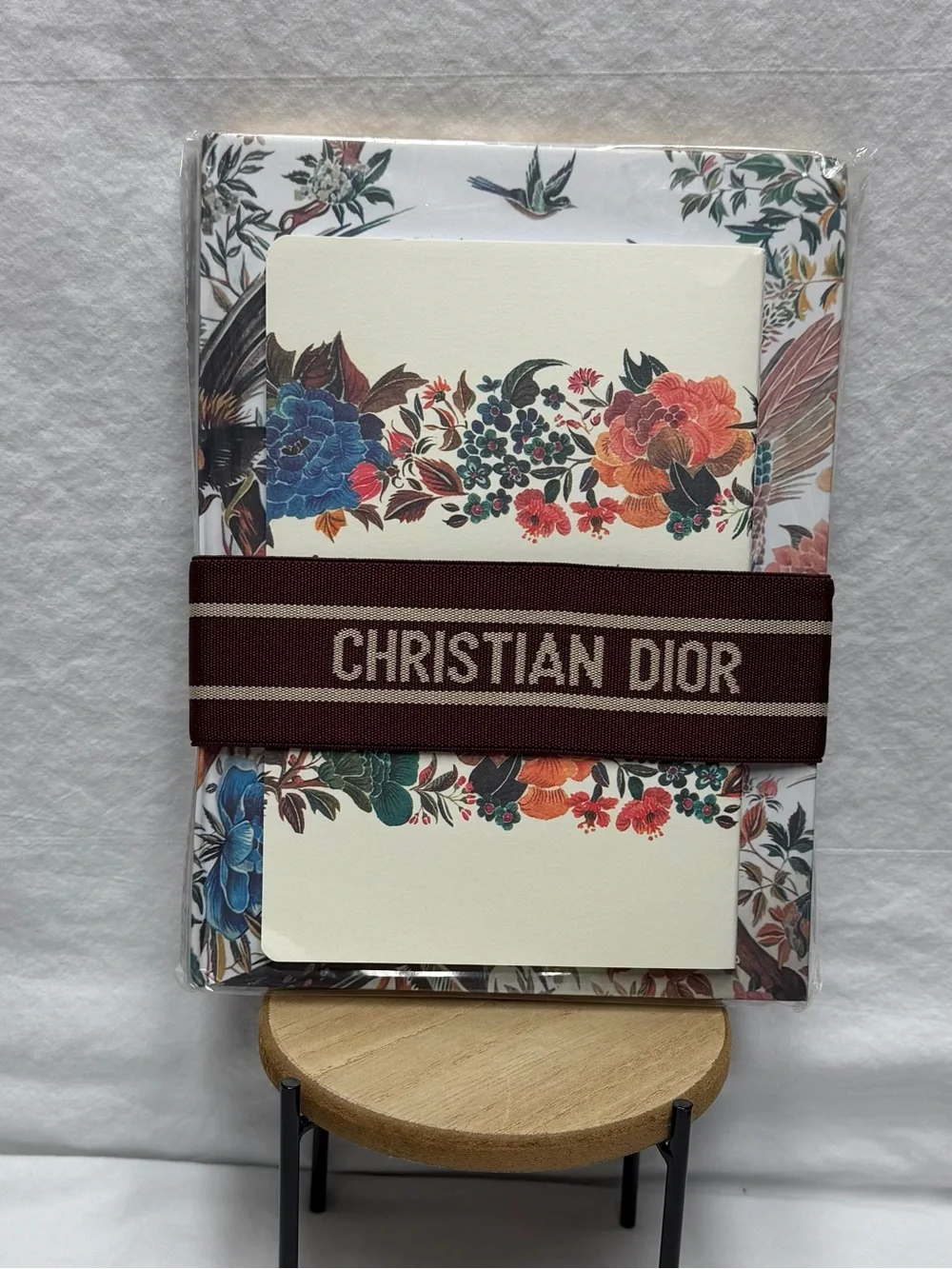 Dior Floral Card Holder with Burgundy Logo Band and Multicolor Bouquet